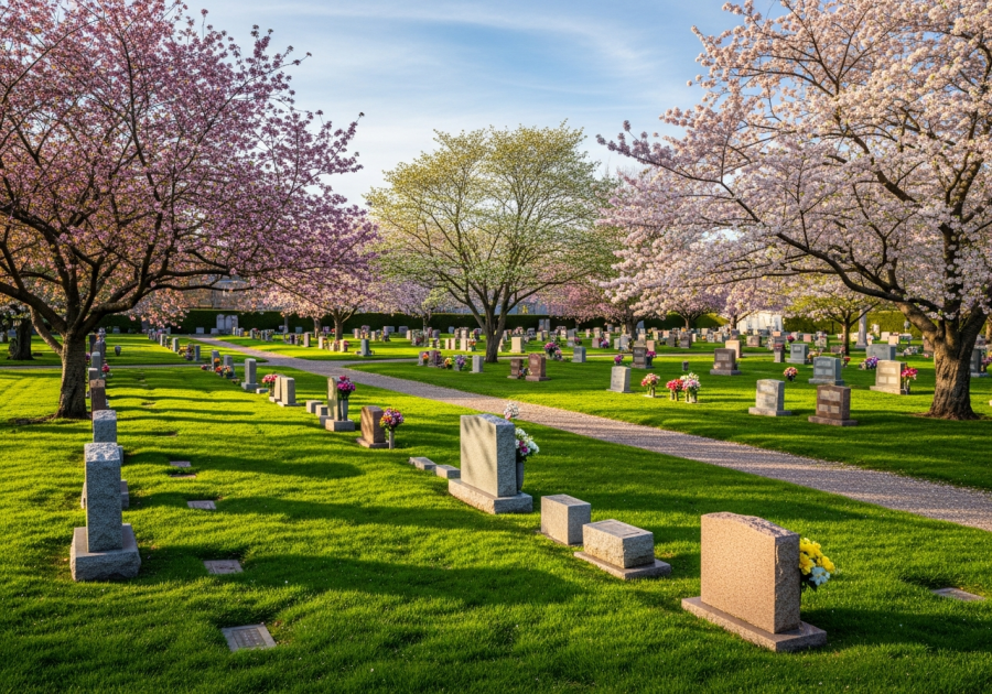 Memorial lots with cherry blossoms
